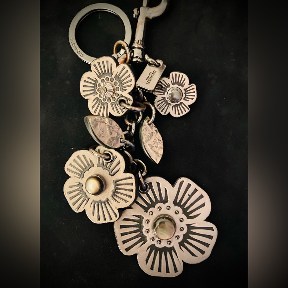 Coach Tea Rose Floral Purse Charm Keychain-RARE Silver Pearlized Iridescent